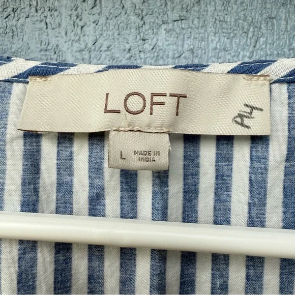 LOFT Midi Dress Large Striped Tie Puff Sleeve Blue Tan White Minimalist Cottage - Picture 6 of 6